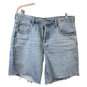 Old Navy Blue Jean Shorts 12 Baggy Mid Rise Women's Raw Hem Button Fly Denim